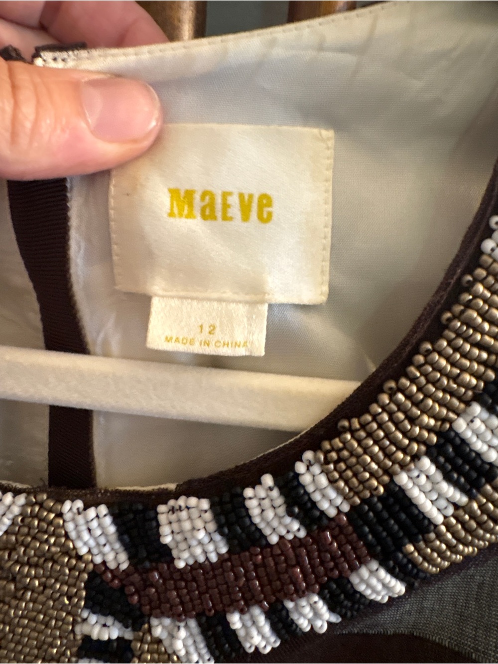 SZ 12 MAEVE ANTHROPOLOGY BEADED COTTON BROWN GINGHAM CHECKERED PLEATED DRESS - Picture 8 of 14